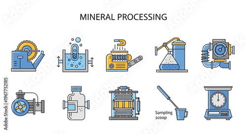 Ten color icons illustrating various stages of mineral processing equipment and tools