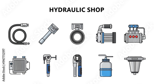 Flat design icons for a hydraulic shop featuring ten distinct components