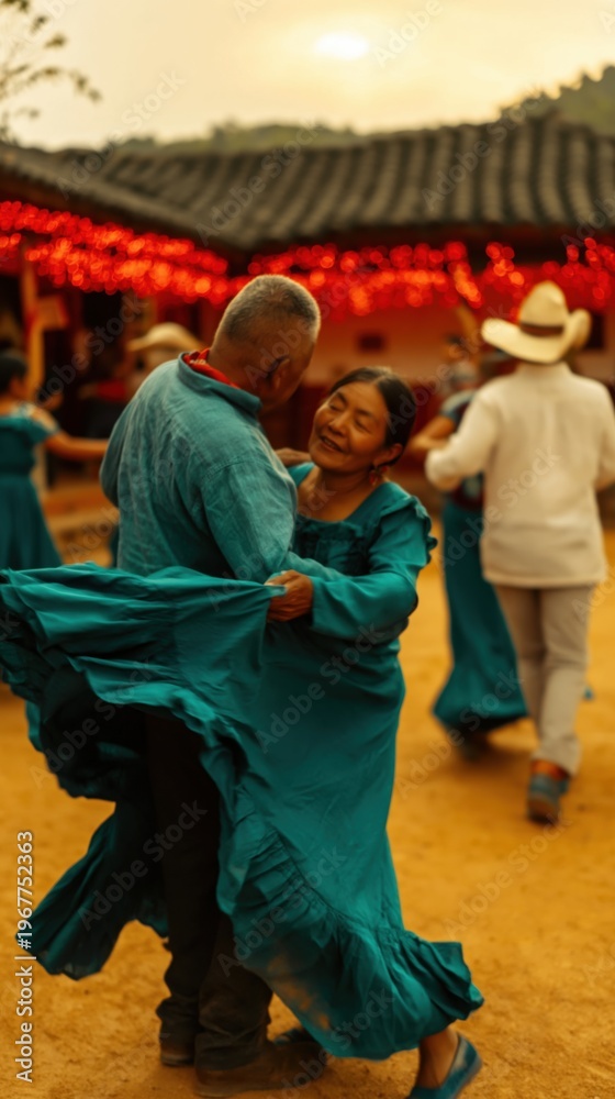 Obraz premium Mature couple dancing in traditional teal garments at a village celebration with string lights on a warm evening for travel and cultural heritage concepts