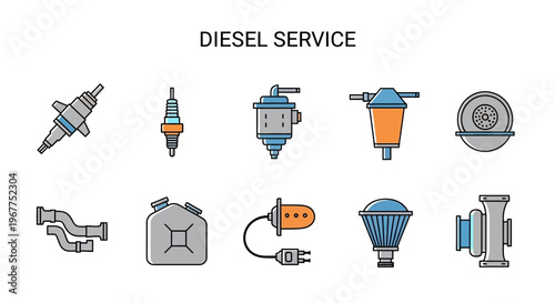 Icon set for diesel service featuring engine components and fuel containers