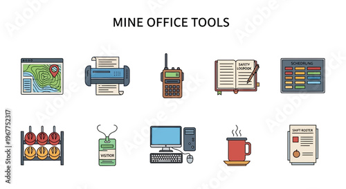 Ten flatdesign icons related to mine office tools arranged in two rows