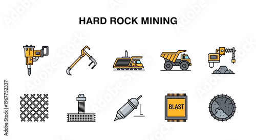 Ten flatstyle icons representing various hard rock mining tools and concepts