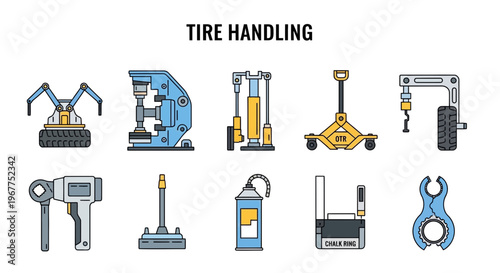 Ten icons depicting tools and machinery used for tire handling