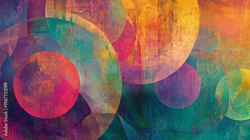 Vibrant abstract circles layered in colorful mixed media texture background