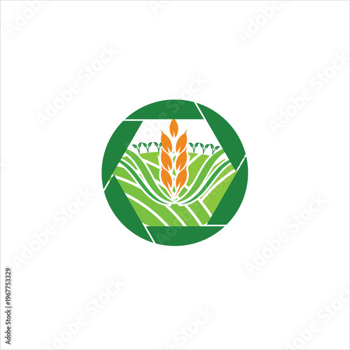 Green Agriculture Logo with Wheat and Rice Illustration in Circular Badge Design