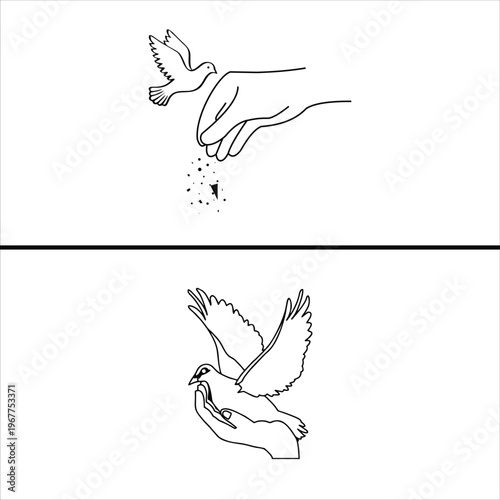 Hand Releasing and Caring for a Bird Minimal Line Art Illustration, Freedom and Compassion Concept