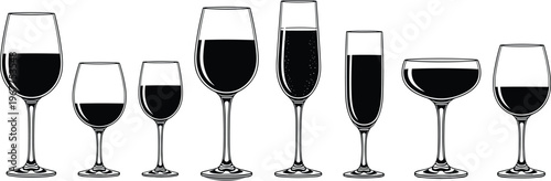 Various Types of Wine Glasses and Cocktail Glasses Illustration in Black and White for Drinkware and Bar Accessories
