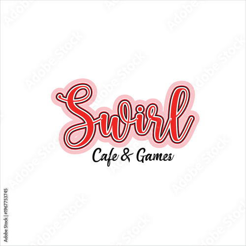Swirl Cafe & Games Logo Design in Retro Neon Script Style on Minimal Background