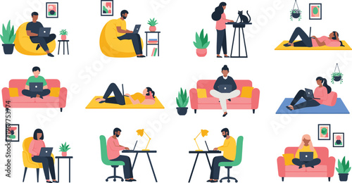 Diverse Work-from-Home Activities: People Working on Laptops in Various Comfortable Positions with Indoor Plants