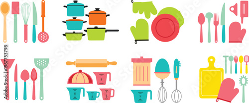 Kitchen utensils and cookware collection vector set with cooking tools appliances and accessories isolated on white background for home kitchen design