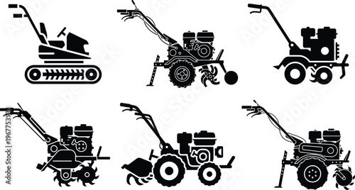 Garden tillers and walk-behind tractors agricultural icons with soil preparation with garden machine