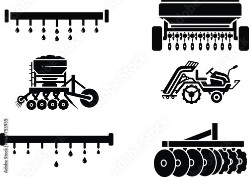 Agricultural farm machinery and irrigation system icons collection with farm tools with seed drill