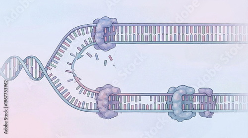 A DNA molecule is shown with a purple and blue line