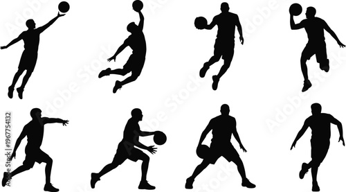 Silhouetted basketball players performing dynamic dribbling, shooting, dunking, and jumping actions in vector illustration showcasing energetic sports competition design