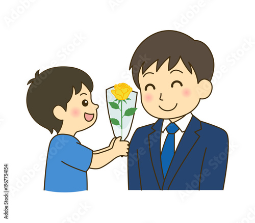 父の日 親子イラスト バラを渡す男の子 スーツの父親 ベクター
