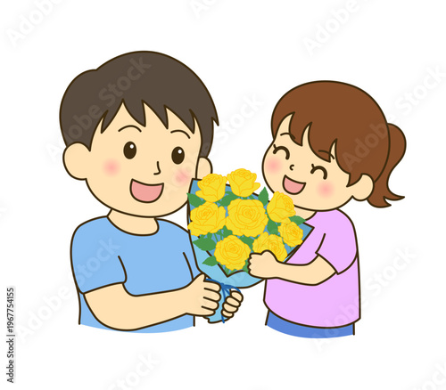 父の日 親子イラスト 花束を渡す女の子 感謝のシーン ベクター