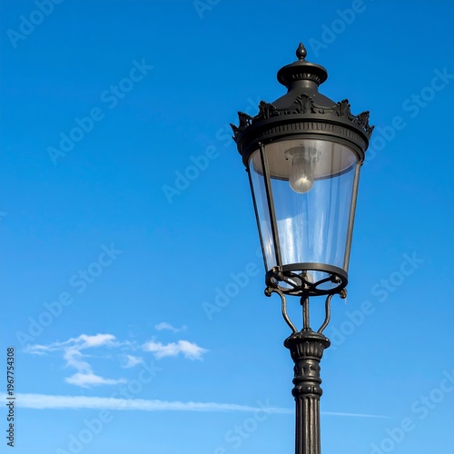 Ornate black lamppost against bright blue sky with wispy clouds