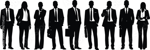 Silhouetted business professionals standing in formal attire vector illustration showcasing teamwork, corporate culture, leadership, collaboration, workplace diversity, and design