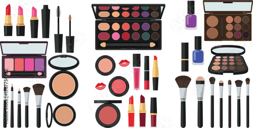 Makeup Cosmetics Collection with Lipstick Eyeshadow Brushes Nail Polish and Beauty Products Set Fashion Makeup Kit Isolated on White Background