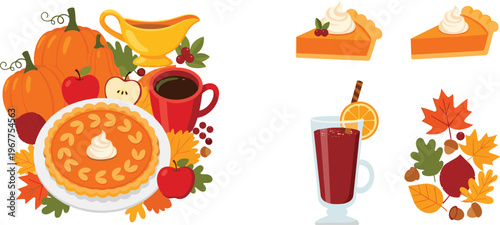 Autumn Harvest with Pumpkin Pie, Hot Cider, and Fall Leaves for Thanksgiving, Seasonal Treats, and Festive Celebrations