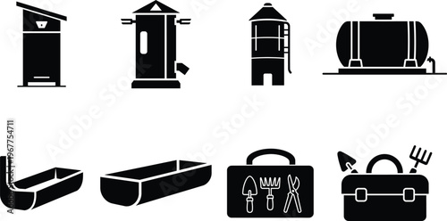Farm and garden structures and tools icons with bird feeder with water tank with storage tank with animal care