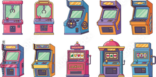 Retro arcade machines and slot game cabinets colorful cartoon vector collection with classic gaming devices isolated on white background for entertainment design