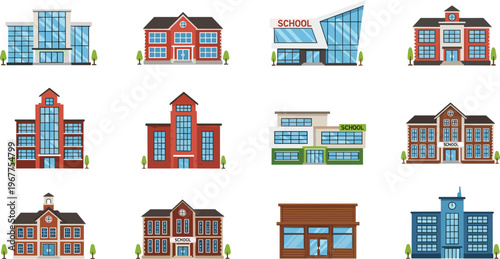 School buildings collection vector illustration set with modern and classic educational institutions isolated on white background for academic architecture and learning design