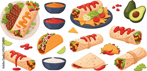 Mexican Street Food Collection with Tacos Burritos Nachos Sauces and Avocado Colorful Cartoon Set Isolated on White Background