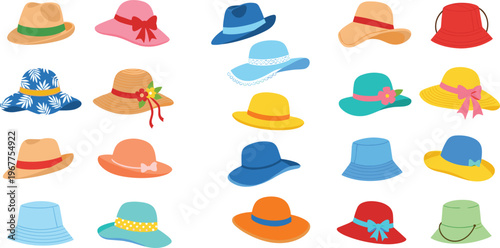 Summer hats collection vector illustration set with stylish sun hats colorful fashion accessories isolated on white background for beach travel and seasonal design