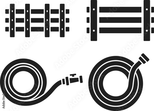 Garden fences and watering hoses icons set with garden fence with wooden fence with picket fence
