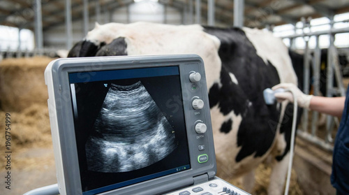 A person is examining a cow with an ultrasound machine