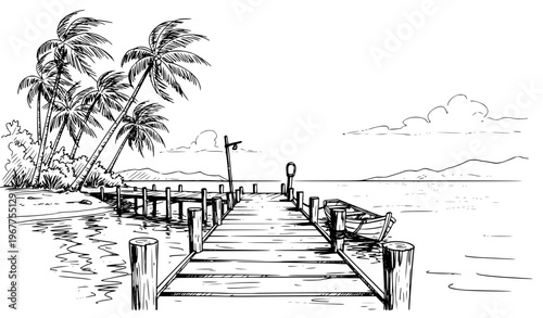 pier on the beach Hand Drawn Tropical Dock Scene Wooden Pier Ocean Illustration