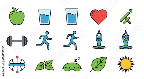 Healthy Lifestyle Icons: Apple, Water, Heart, Running, Yoga, Dumbbell, Sleep, Sun