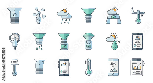 Weather Station Icons: Rain Gauge, Thermometer, Anemometer, Barometer, Weather Forecast