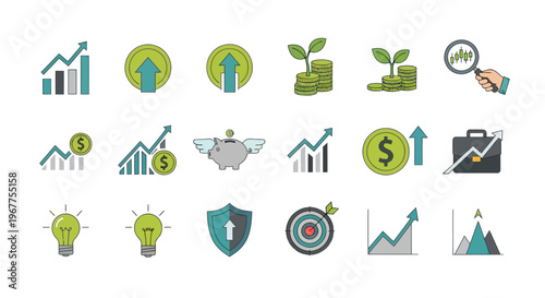 Financial Growth Icons: Investment, Savings, Success, and Strategy Set