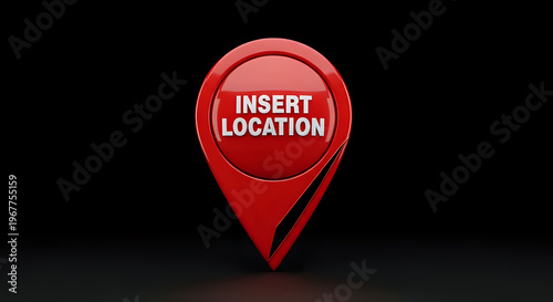 A red map pin icon with a location marker on a black background