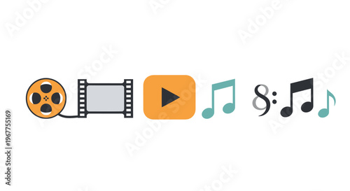 Film Reel, Film Strip, Play Button, and Musical Notes Icons on White Background