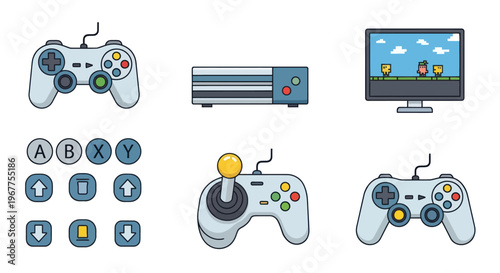 Retro Gaming Icons: Controllers, Console, Monitor with Pixel Art Game