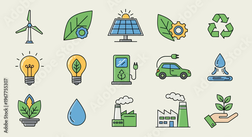 Eco-friendly icons: renewable energy, sustainability, green technology, electric car, nature