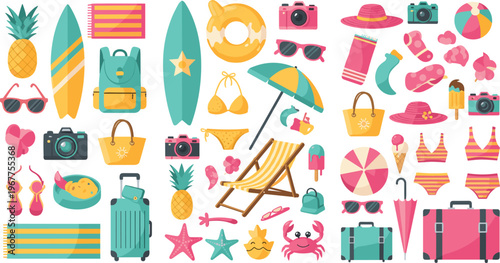 Summer Vacation Beach Elements Collection with Surfboard, Umbrella, Sunglasses and Travel Accessories, Tropical Holiday Vector Illustration Set