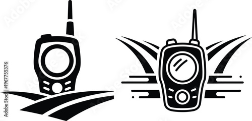 Walkie talkie two-way radio communication icons with black and white with long range
