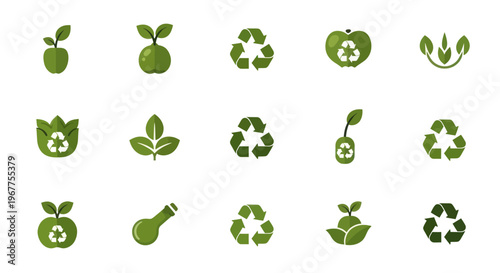 Green Eco Icons: Recycling, Plants, Leaves, Apple, Seedling - Set of 15