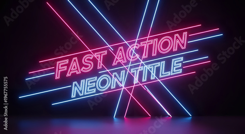 A vibrant neon sign with pink and blue lights reading 'Fast Action Neon Title' in a dark room