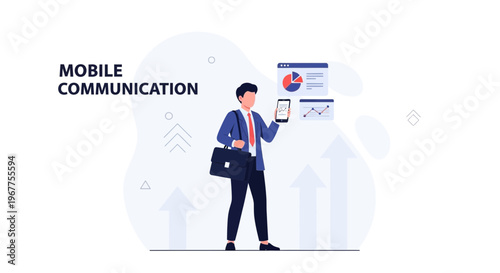 Businessman with smartphone and charts, mobile communication concept