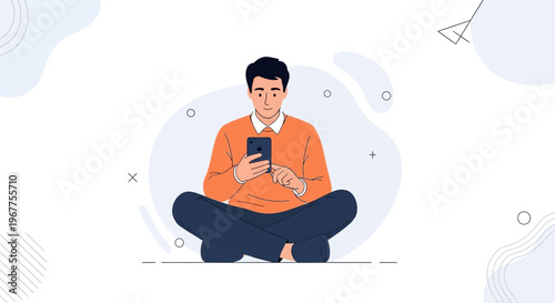 Man Sitting Cross-legged Using Smartphone, Relaxed Pose, Modern Flat Illustration