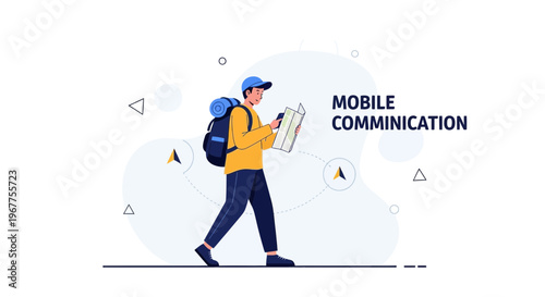 Traveler with Backpack and Map Navigating with Mobile Communication Concept