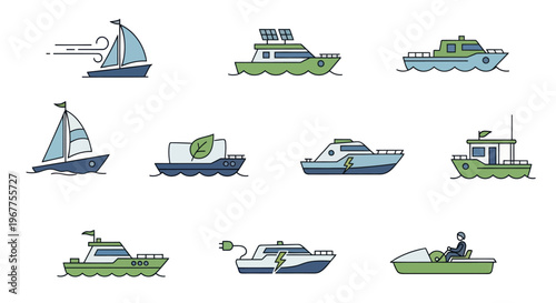 Eco friendly boats and ships vector icons, green energy maritime transport