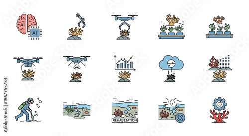 AI and Drone Technology for Coral Reef Conservation and Research Icons