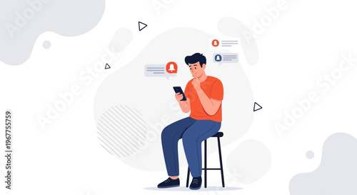 Man checking smartphone with social media notifications, feeling bored or anxious