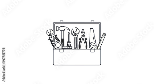 Open Toolbox with Assorted Hand Tools - Line Art Illustration